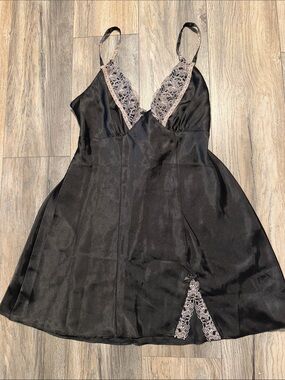Linea Donatella Black Satin Chemise with Pink Lace Trim